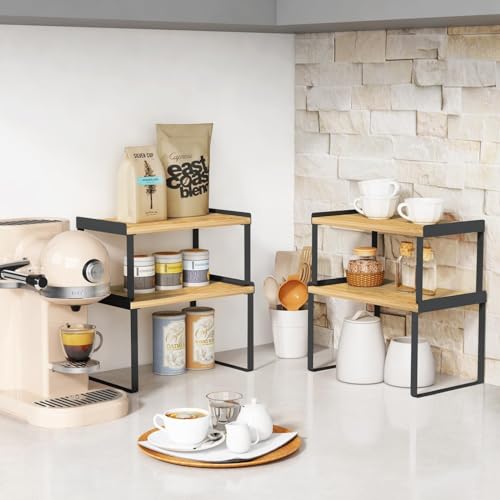 Cabinet Shelf Organizer Set of 4, Kitchen Counter Shelf Riser for Plates Dishes Cups Mugs Spices, Pantry Cupboard Cabinet Organizers and Storage Shelves Rack Insert for Countertop (Bamboo Wood) - view 4