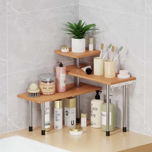 3 Tier Corner Shelf Bamboo Countertop Organizer Bookshelf Display Shelves Space Saving Rack for Living Room, Kitchen, Office (with Hooks) - view 4