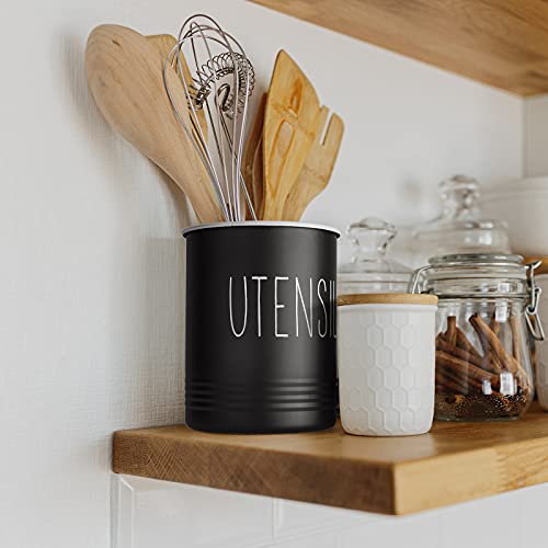 Kitchen Utensil Holder, 6.7" Utensil Holder for Kitchen Counter, Cooking Utensil Crock with Cork Bottom, Modern Farmhouse Decor, Countertop Utensil Storage Organizer Caddy, Black - view 6