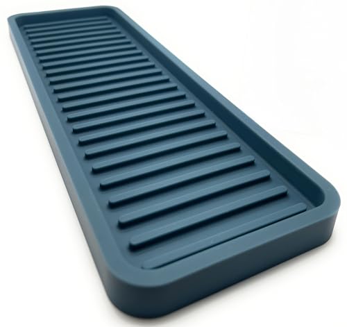 Silicone Sink and Surface Organizer Tray, Sponge Holder, Vanity Tray, Heat Safe, Dishwasher Safe, for Bathroom and Kitchen Organization (Smoky Blue, 12"x4")