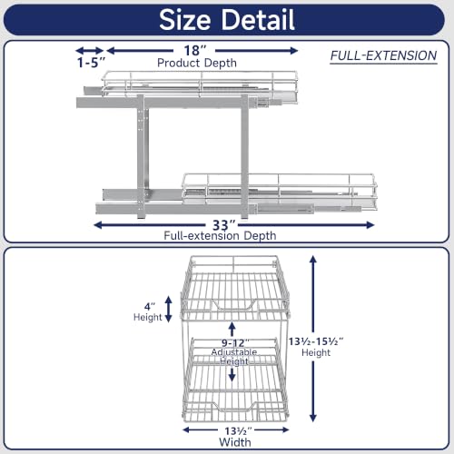 2-Tier Pull Out Cabinet Organizer, 13.5" W x 21.5" D, Heavy Duty Dual Slide Out Shelves for Base Cabinets, Chrome Wire Basket Drawer for Pantry, Kitchen & Bathroom Storage - view 2