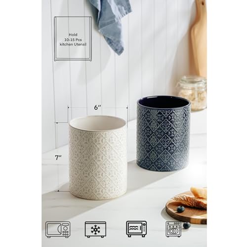 Kitchen Utensil Holder, 6x7 inch Large Ceramic Utensil Holder with Embossed Pattern, Cooking Utensil Crocks for Kitchen Countertop, Home Decor, Off-White - view 5