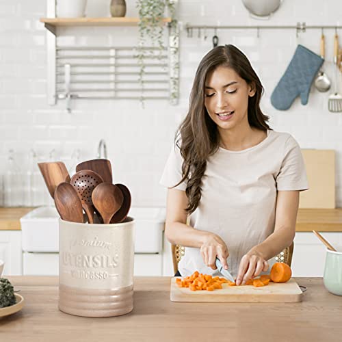 Sabine Ceramic Utensil Holder for Kitchen Counter, 7.2" Large Utensil Crock, Matte Cream Farmhouse Kitchen Utensil Holder, Countertop Organizer for Spoons, Spatulas and Cooking Tools - view 6