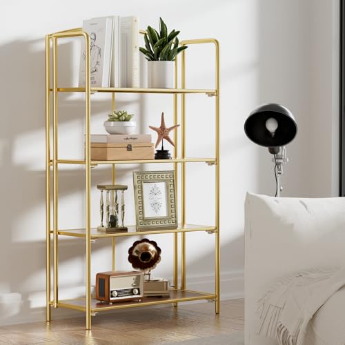 4-Tier Wider Foldable Bookshelf, Gold Frame & Walnut Shelves - view 2