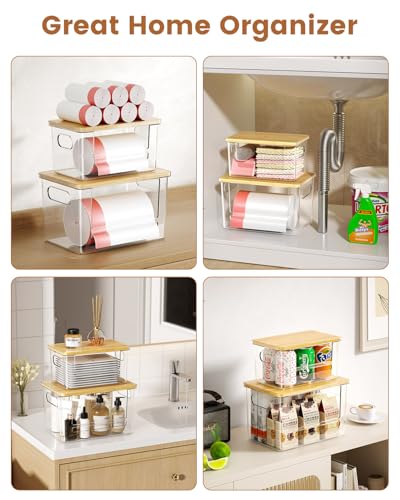 Trash Bag Dispenser 2 Pack, Stackable Trash Bag Holder with Bamboo Lid – Clear Plastic Garbage Bag Organizer for 4-33 Gal Bags, Space-Saving Under Sink Organizer for Kitchen, Laundry, Pantry - view 6