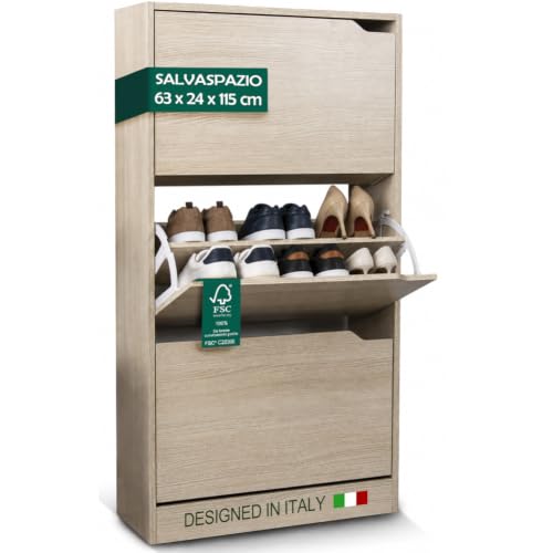 Shoe Rack in MDF Wood with 3 Doors Flip Shoe Storage Handles Double Depth Compact Size Slim 63 x 24 x 115 cm Space-Saving Home Entrance (Elm)