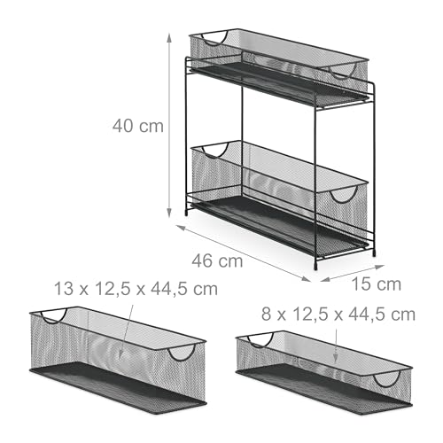 Kitchen Cabinet Organiser, Pull-out Base Unit Shelf, 2 Drawers, Metal Baskets, HWD: 40 x 15 x 46 cm, Black - view 4