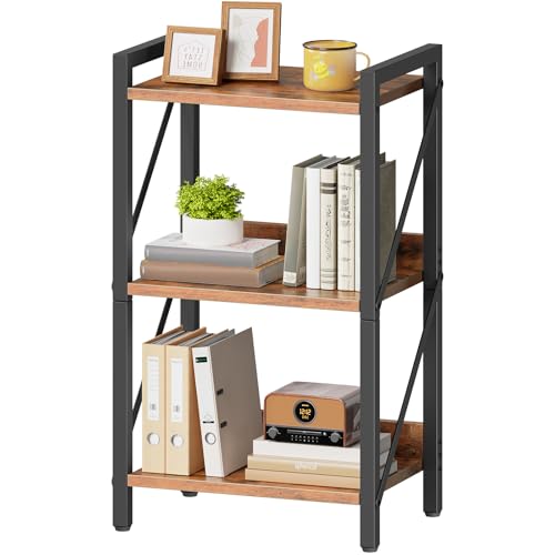 Bookshelf, 3-Tier Industrial Bookcase, Book Shelf Storage Organizer, Small Bookshelf with Metal Frame for Living Room, Bedroom, Home Office, Kitchen, Rustic Brown and Black BF71SJ01