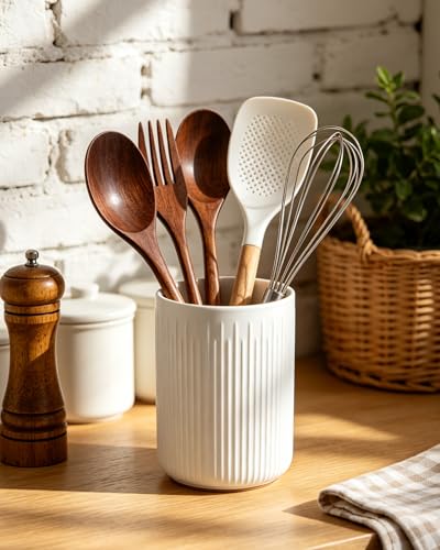 6.5" Utensil Holder, Ceramic Kitchen Utensil Holder for Countertop with Protection Cork Bottom, Stable Cooking Utensil Crock, Vintage Farmhouse kitchen Decor, White - view 5
