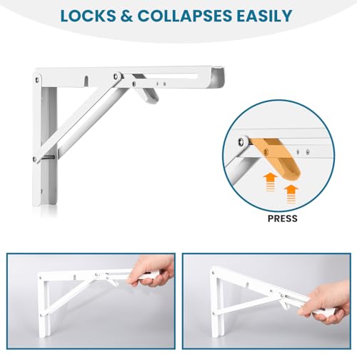 2 Pcs Folding Shelf Brackets,10 Inch White Collapsible Shelf Bracket for WorkbenchShelf Hinge Wall Mounted Space Saving DIY Bracket,with Screws. - view 7