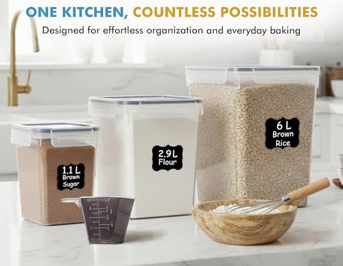 Flour Sugar Storage Containers Set of 3 (6L, 2.9L, 1.1L) Large Airtight Food Storage Containers with Lids, BPA-Free Plastic Container for Kitchen & Pantry Organizers, Cereal, Rice & Pasta - view 4