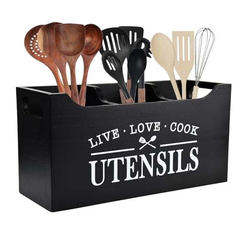 Kitchen Utensil Holder with Drainage Bottom, Large 3 Compartments Solid Real Wood Utensil Organizer for Kitchen Counter, Farmhouse Cooking Tools Storage for Countertop, Black