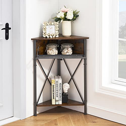 3 tier Corner Table/Cabinet with Flip Door and Storage Shelves, Free-Standing Organizer for Compact Space in Living Room/Study/Lobby/Bedroom,Industrial - view 6