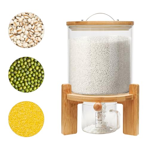 Capacity Airtight Glass Dry Food Storage Container Cereal Rice Dispenser w/Round Bamboo Lids & Cup & Stand (5 L) - view 2
