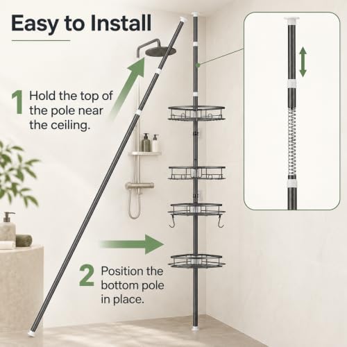 Shower Corner Caddy Organizer, Rustproof 4-Tier Tension Pole Shelf, Grey - view 6