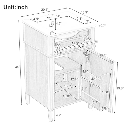 20-inch Bathroom Vanity with Sink Combo, Free-Standing Single Bathroom Storage Cabinet with Tilt-Out Drawer, Adjustable Shelf & Storage Rack, Wood Vanity with Ceramic Basin for Bathroom (Wood) - view 2