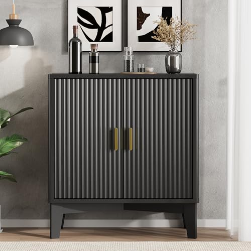 Fluted Sideboard Buffet Cabinet, 30" Wood Coffee Bar Cabinet, Black - view 3