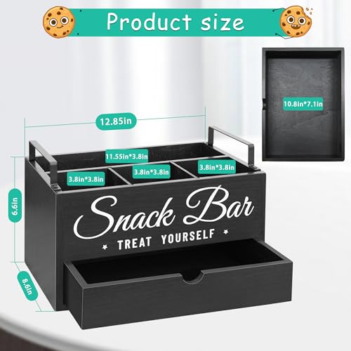 Snack Organizer for Countertop, Wood Pantry Storage Bins with Handles, Snack Bar Organizer for Kitchen, Office, 4 Compartment Food Container Snack Box with Drawer, Pantry Organizer for Chips, Candy - view 7