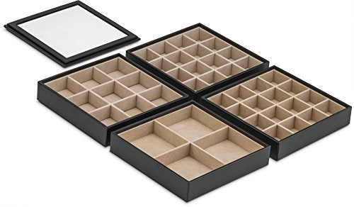 Co Earring Organizer Tray - 4 Stackable Trays with Lid -45 Slot Classic Jewelry Storage Display Case for Drawer or Dresser - Holder for Earring Ring Necklace or Cufflinks - Large Mirror - Black - view 5