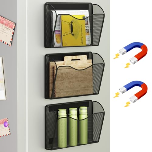 Magnetic File Holder - Heavy Duty Wall File Organizer for Refrigerator & Whiteboard - Strong Magnet Mail Holder & Magazine Rack, No Drilling Document Storage Basket for Office Cabinet