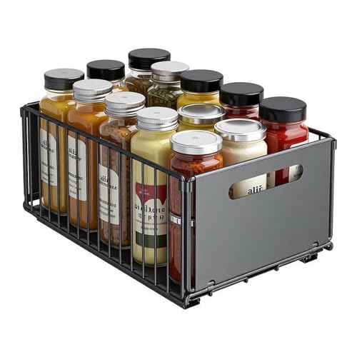 Sliding Pull-Out Cabinet Organizer 9.6"x14.8"x7.5" Black Heavy Duty Carbon Steel Drawer with Adhesive Rails, No Drill Storage Solution for Pantry/Closet