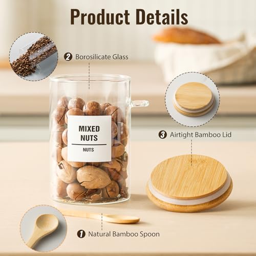 6 Pack 32oz Glass Jars with Bamboo Lids,Glass Storage Containers with Lids,Clear Airtight Food Storage Jar for Coffee,Tea,Sugar,Flour,includes 168 Pantry Labels & Spoons,3mm Thick Canisters - view 5