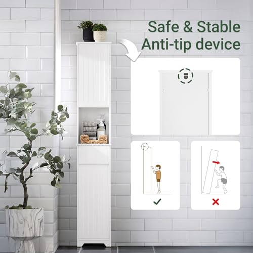 Bathroom Storage Cabinet Adjustable Shelves, Tall Narrow, White - view 7