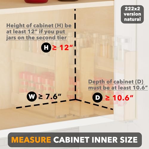 Bamboo Pull Out Spice Rack Organizer for Cabinet, Heavy Duty Slide Out Seasoning Kitchen Pantry Sliding Vertical Organization, 7.6" Wide, 3 Drawers(2" Wide), 2-Tier, Natural - view 4