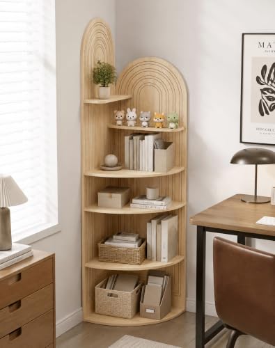 6 Tier Corner Shelf, 60.2" Arched Display Corner Bookshelf, Oak - view 6