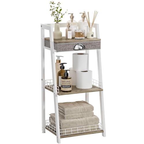 3-Tier Small Bathroom Shelves with Drawer, Floor Storage Shelf, Small Bathroom Stand Rack, Freestanding Ladder Shelf for Living Room Bedroom, White
