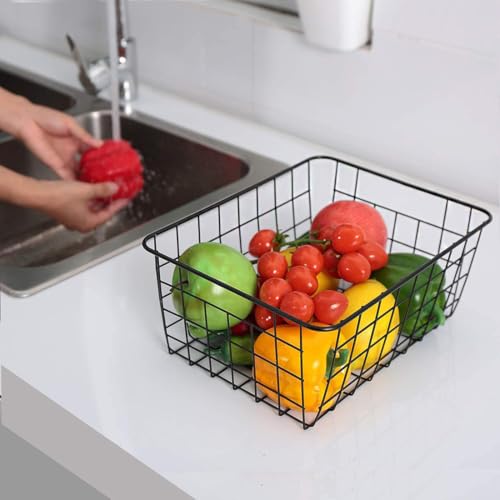 Kitchen Wire Baskets Farmhouse Decor Metal Food Storage Organizer, Household Refrigerator Bin with Built-in Handles for Cabinets,Pantry Set of 2 Black - view 7