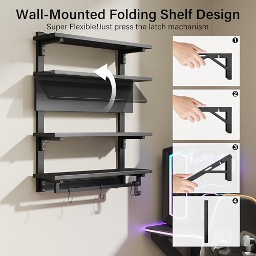 Foldable Gaming Floating Shelves with Adjustable Shelf, 24 Inch Wall Mounted Shelves with Dynamic LED, 4 Tier Wall Mounted Shelves with Towel Bar & 8 Hooks, Cool Wall Display Rack - view 5