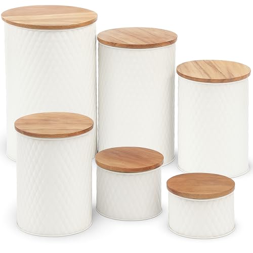 6 Canister Set for the Kitchen Countertop – Metal Food Storage Canisters with Airtight Lids for Flour, Tea, Crafts, Coffee, & Sugar – Container Set with Modern Wood Lids, White
