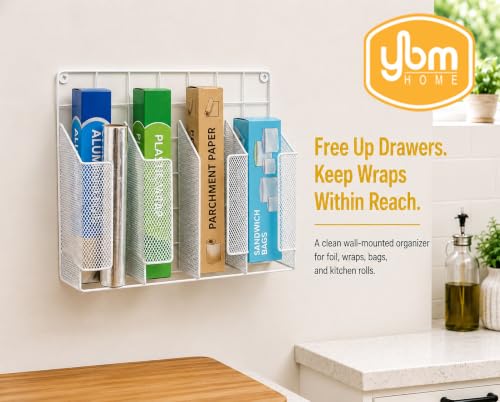4-Compartment Wall Mount Kitchen Storage Organizer Holder Basket Pantry Caddy Wrap Rack for Aluminum Foil, Sandwich Bags - White 2232 - view 3
