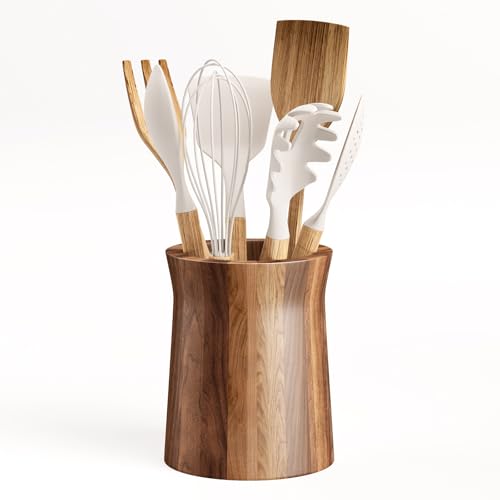 7.2" Utensil Holder for Kitchen Counter Large Round Utensils Holder with Wooden Base Matte Black Cooking Utensil Holder，Kitchen Countertop Utensil Organizer (Wooden)