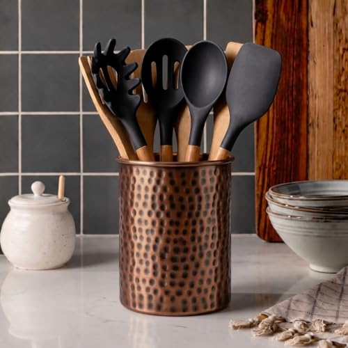 Kitchen Utensil Holder – Hand Hammered Metal Antique Copper Utensil Holder, Decorative Utensil Crock for Kitchen Counter, Cooking Tool and Spatula Holder for Countertop, Caddy Organizer - view 5