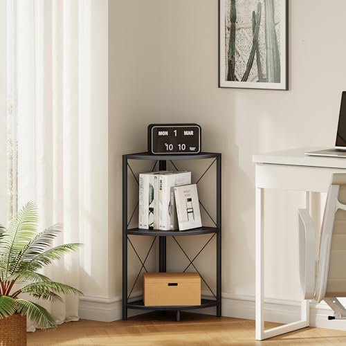 Corner Shelf with Metal Frame, 3 Tier Corner Storage Organizer, Freestanding Corner Bookshelf Stand Display Rack for Kitchen, Living Room, Black - view 5