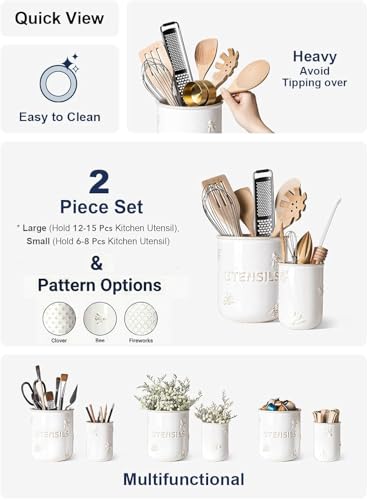 Kitchen Utensil Holder Set of 2 - 6.9"+5.3" Large Ceramic Cooking Utensil Crock & Organizer for Spatula, Spoon, Whisk - Farmhouse Countertop Storage, Arctic White, Embossed, Bee - view 3