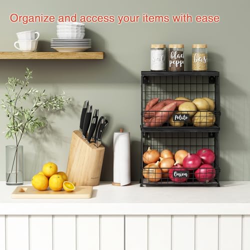 Black Kitchen Wall Hanging Storage Basket Set of 2, Rustic Stackable Kitchen Counter Fruit Organizer, Wire Baskets Container for Veggie, Garlic, Produce, Onion and Potato (Black Shelf) - view 2