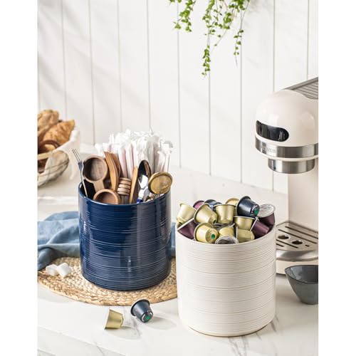 Large Utensil Holder for Kitchen Counter, 7.3” Ceramic Cooking Utensil Crocks for Spatula & Spoon, Farmhouse Kitchen Utensil Holder with Cork, Home Decor, Dark Blue - view 3