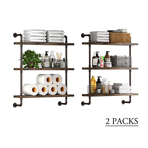 Industrial Pipe Shelf Wall Mounted, Rustic Wood Floating Shelves, 3 Tier Wall Display Bookshelf, Storage Rack Sundries Holder for Kitchen Office Bathroom Organization and Home Decor (24inch x 2) - view 6