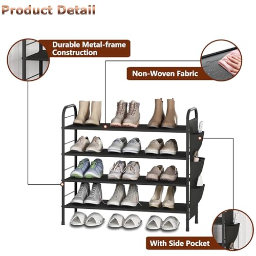 Shoe Rack Storage Organizer 4 Tier Free Standing Metal Shoe Shelf Compact Shoe Organizer with Side Bag for Entryway Closet Bedroom,Black - view 6