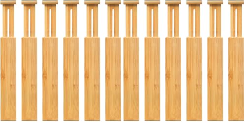 12-Pack Adjustable Bamboo Drawer Dividers, Expandable Drawer Organizer for Kitchen Utensils, Clothes, Bathroom, Office – Fits Drawer Interiors 16.6" to 21.8"