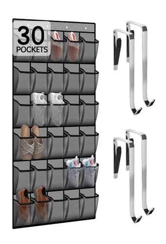 Over the Door Shoe Organizer with 30 Breathable Mesh Pockets - Large Capacity Closet Storage for Men & Women, Hanging Shoe Rack Organizer (Gray)