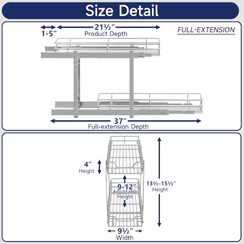 2-Tier Pull Out Cabinet Organizer, 9" W x 21.5" D, Heavy Duty Dual Slide Out Shelves for Narrow Base Cabinets, Chrome Wire Basket Drawer for Spices, Bottles & Snacks - view 2
