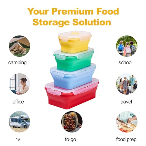 Set of 4 Collapsible Silicone Food Storage Container, Leftover Meal box For Kitchen, Bento Lunch Boxes, BPA Free, Microwave, Dishwasher and Freezer Safe. Foldable Design Saves Your Space. - view 7