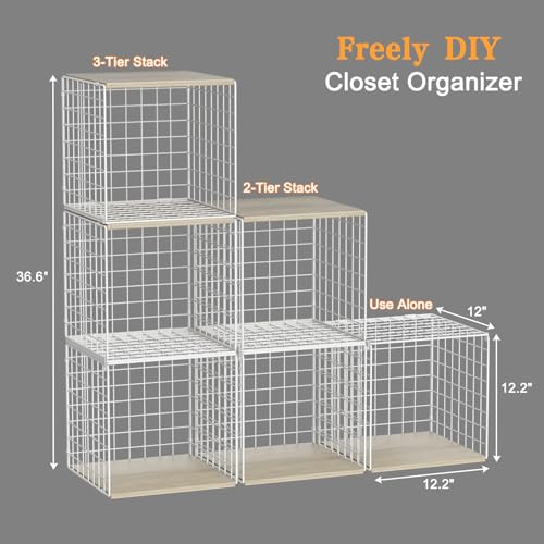 3PCS Stackable Closet Organizers and Storage, Closet Shelves with Wood Top Extra Storage, Clothes Storage Organizer Basket Bin/Cube for Home Wardrobe Organization(White-Sturdy Metal) - view 3