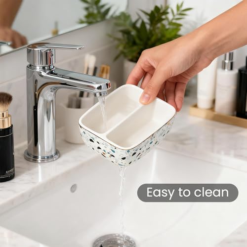 2 Compartment Ceramic Sponge Holder for Kitchen Sink, Dishwasher Safe Terrazzo Marble Pattern Sink Caddy Organizer for Sponge and Soap, Farmhouse Kitchen Countertop Decor, Light Blue - view 4