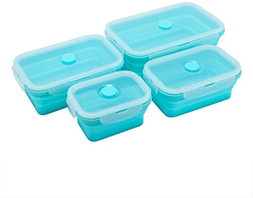 4PCS Silicone Collapsible Food Storage Containers with Lids Silicone Lunch Box BPA free for Kitchen Pantry Organization Microwave Freezer, Foldable Design for Outdoor Camping Picnic (Blue)