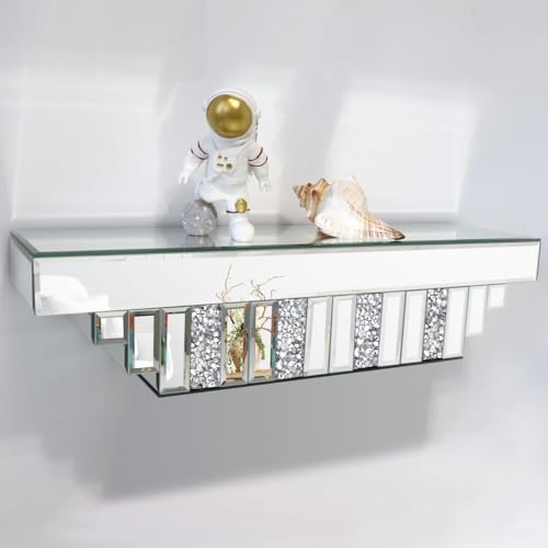 Mirrored Floating Shelf for Wall-23 Crushed Crystal Diamond Wall Shelf, Silver Mirror Display Shelf for Bathroom, Living Room, Bedroom-Glam Art Deco Showcase for Perfume, Jewelry, Small Plants